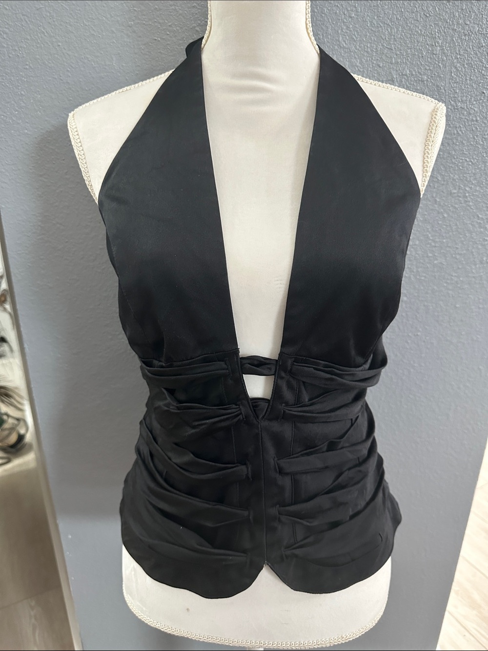 Black Halter Ruched Satin Camisole